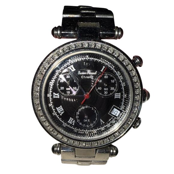 Lucien Piccard 3ATM Swiss Chrono Watch Diamond Bezel Emerald Button Bling